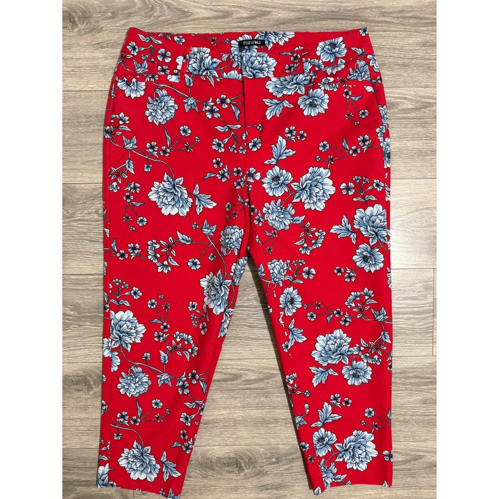 Roz & Ali Womens 16W Ankle Pants Red Blue Floral Cotton Stretch Trousers Garden